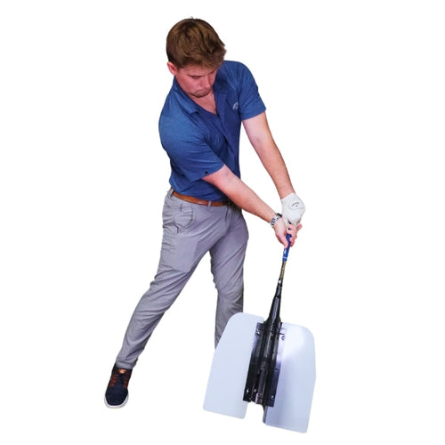 Golfer swinging the Golf Power SwingFan resistance trainer in a studio setting