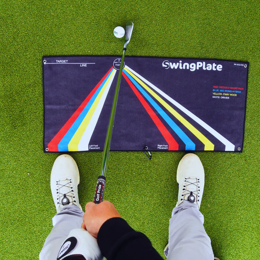 First-person view of a golfer addressing the ball on The Stance Towel alignment aid